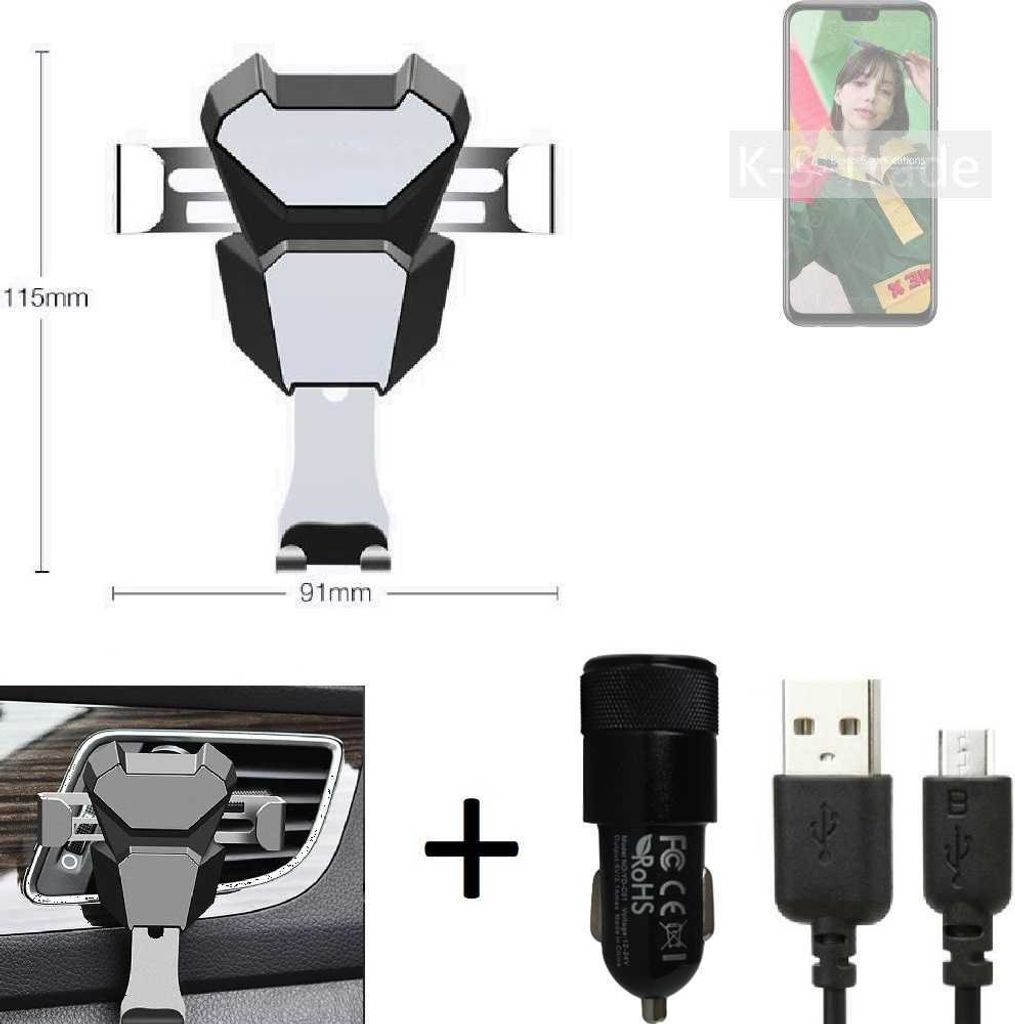 K-S-Trade KFZ Halterung kompatibel mit Huawei Y8s Halterung Lüftungshalterung Lüftungsschlitz schwarz-silber Autohalterung Handy inkl. KFZ