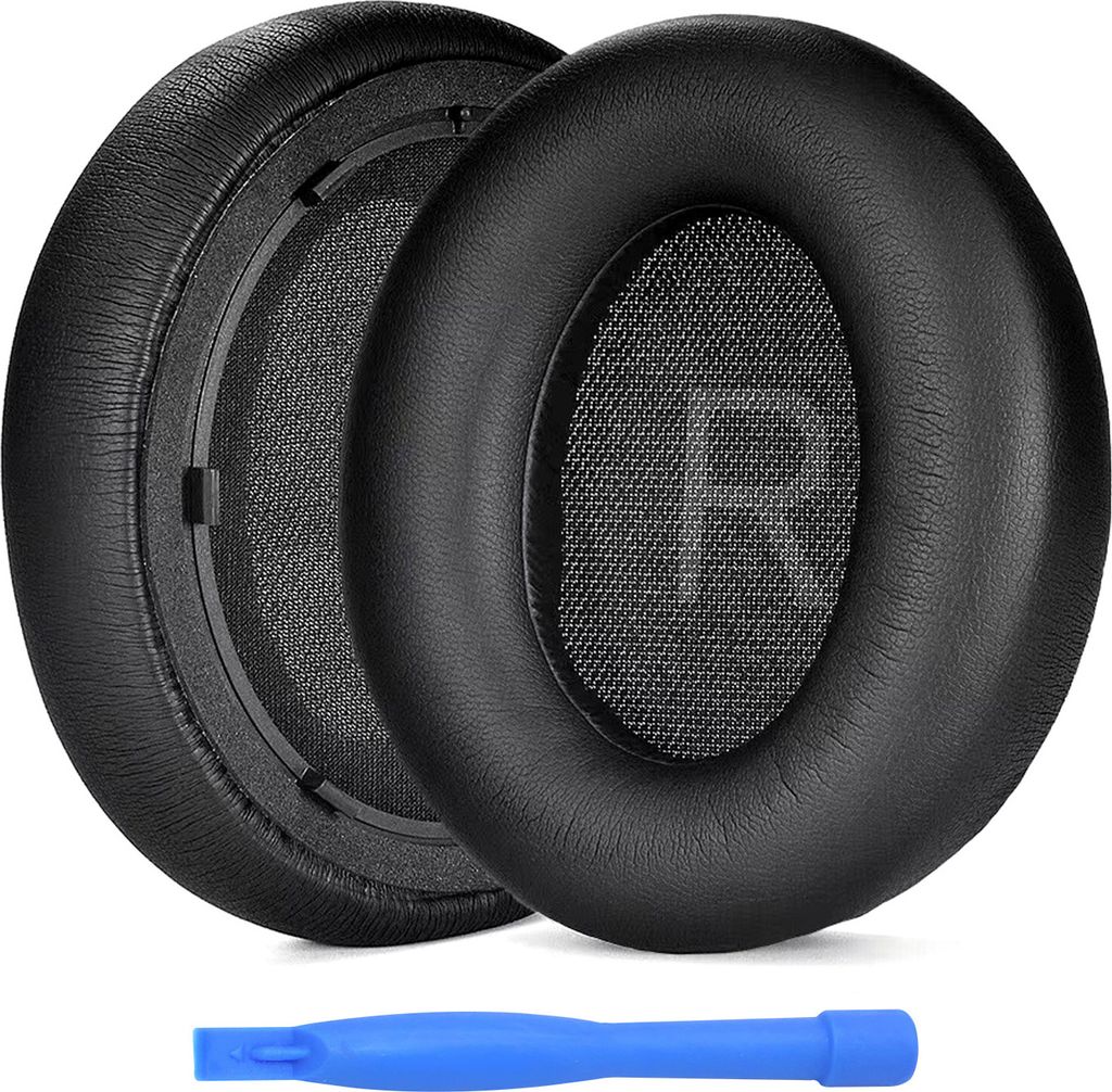 Two black ear pads for headphones and a blue plastic tool.