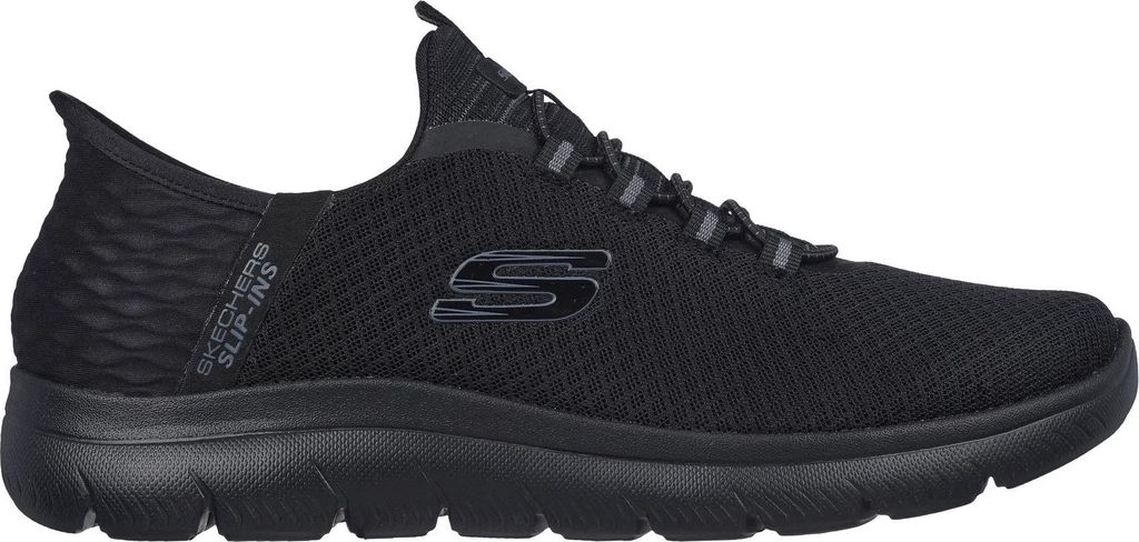 A black Skechers sneaker is shown from the side against a white background.