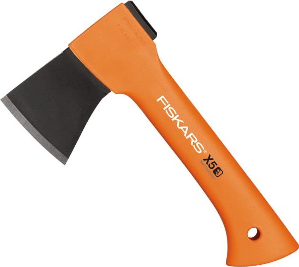 A Fiskars X5 XXS axe with an orange handle and black blade, isolated on a white background.