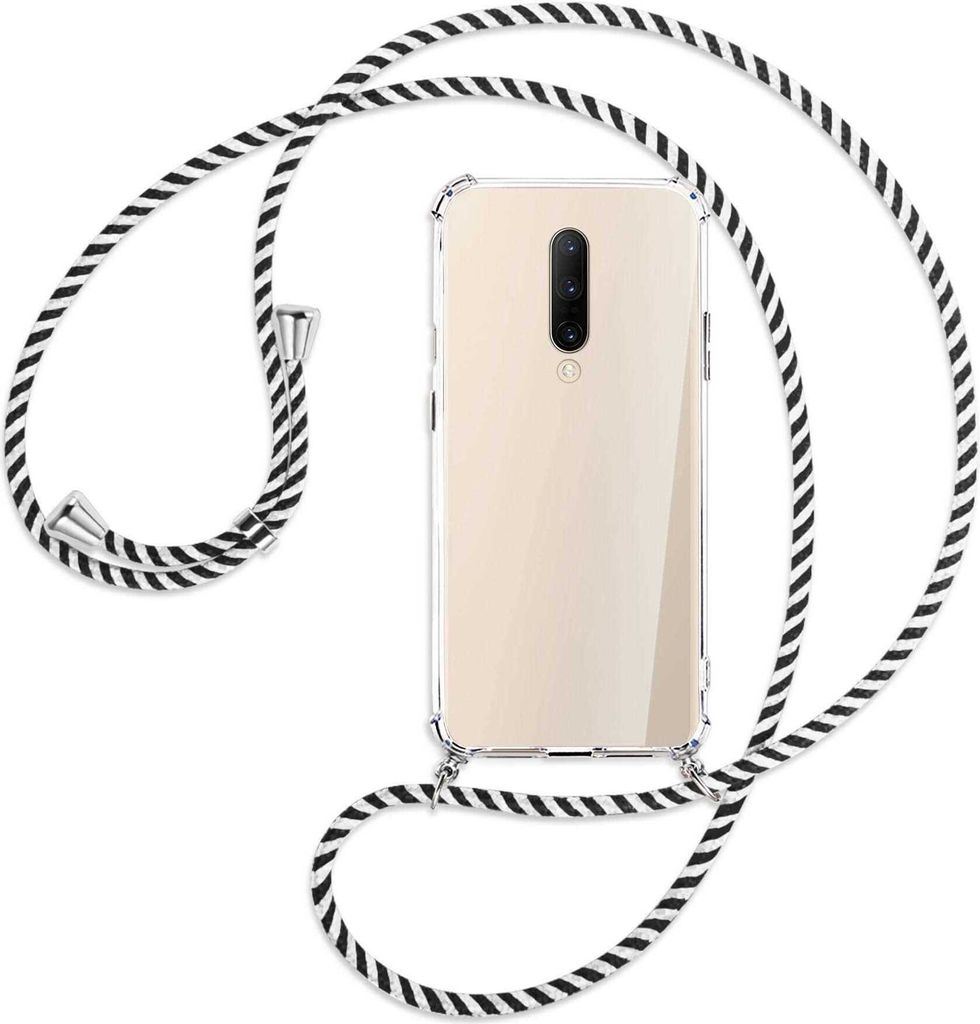 Handykette Backcover-Schutzhülle mit Band (Metall silberfarben) für OnePlus 7 Pro - schwarz/weiß gestreift