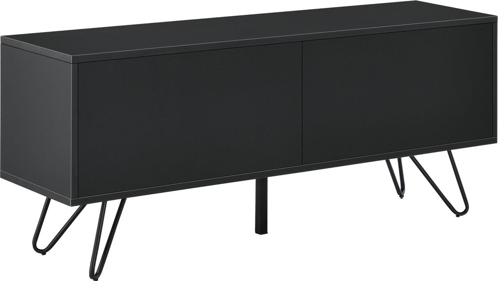 A black sideboard with metal legs on a white background.