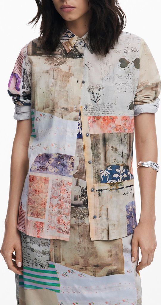 Elegante Damen Langarmbluse Beige mit Druck und Italienischem Kragen