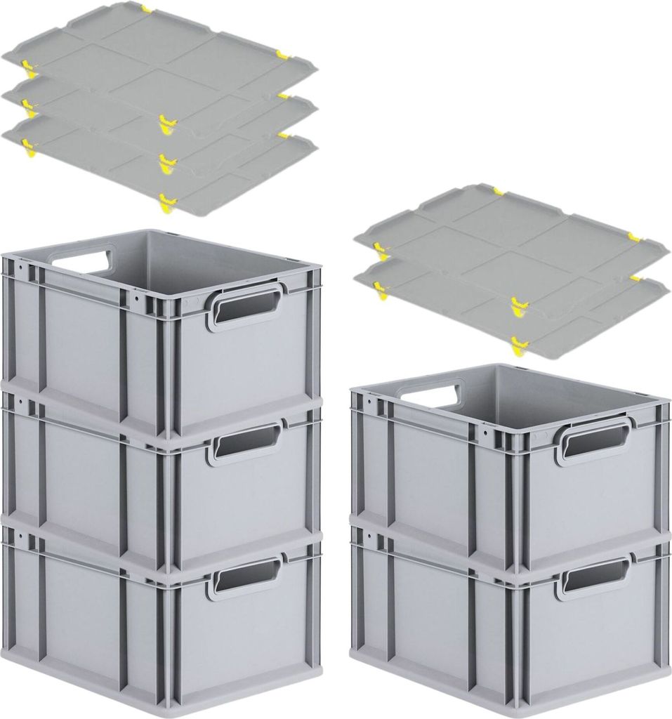 SparSet 5x Eurobox NextGen Grip mit Auflagedeckel inkl. 4 gelben Schiebeschnappverschlüssen | HxBxT 22x30x40cm | 20 Liter | Griffe offen | Glatter...
