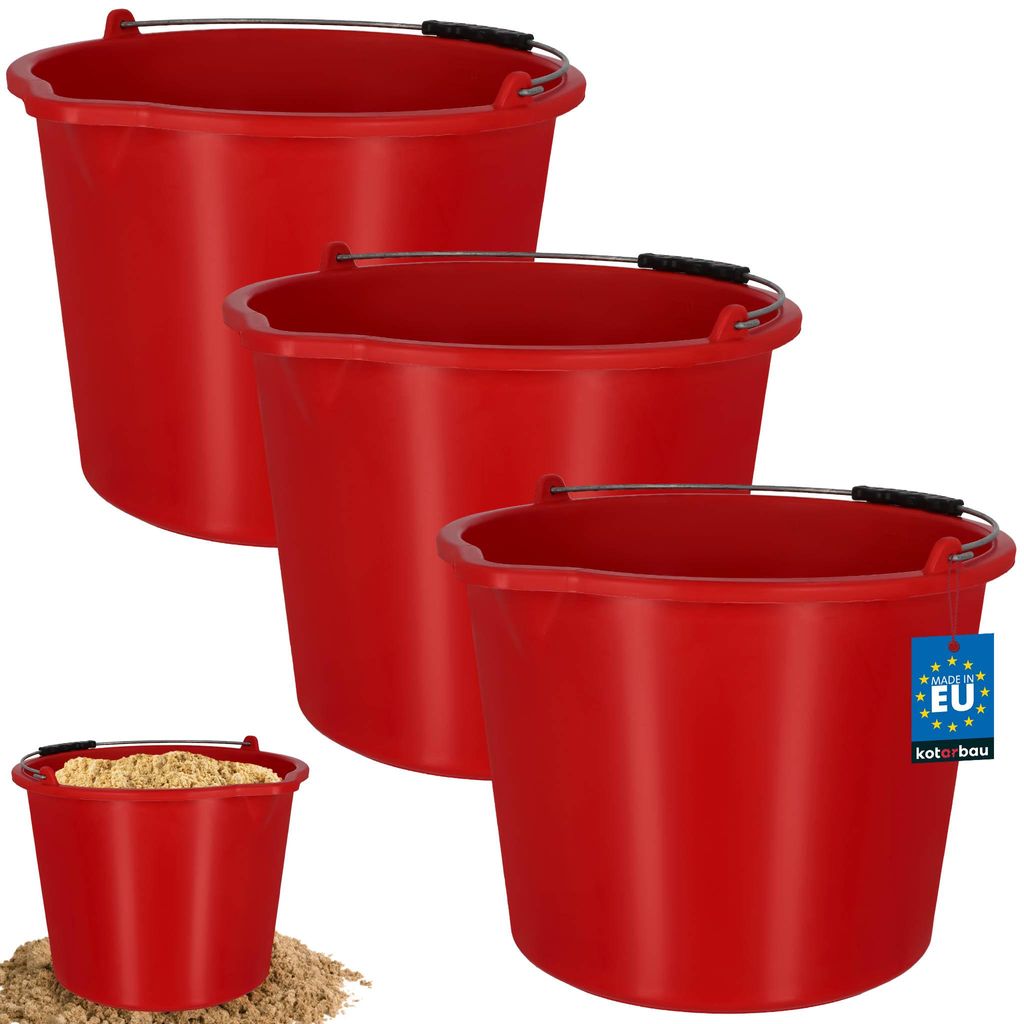 KOTARBAU 3er Set Baueimer 20L Mörteleimer Eimer aus Kunststoff Putzeimer mit Ausguss & Henkel Rot Werkzeug Eimer Rund Baukübel