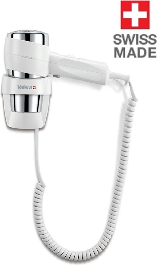 A white wall-mounted hairdryer with a coiled cord.