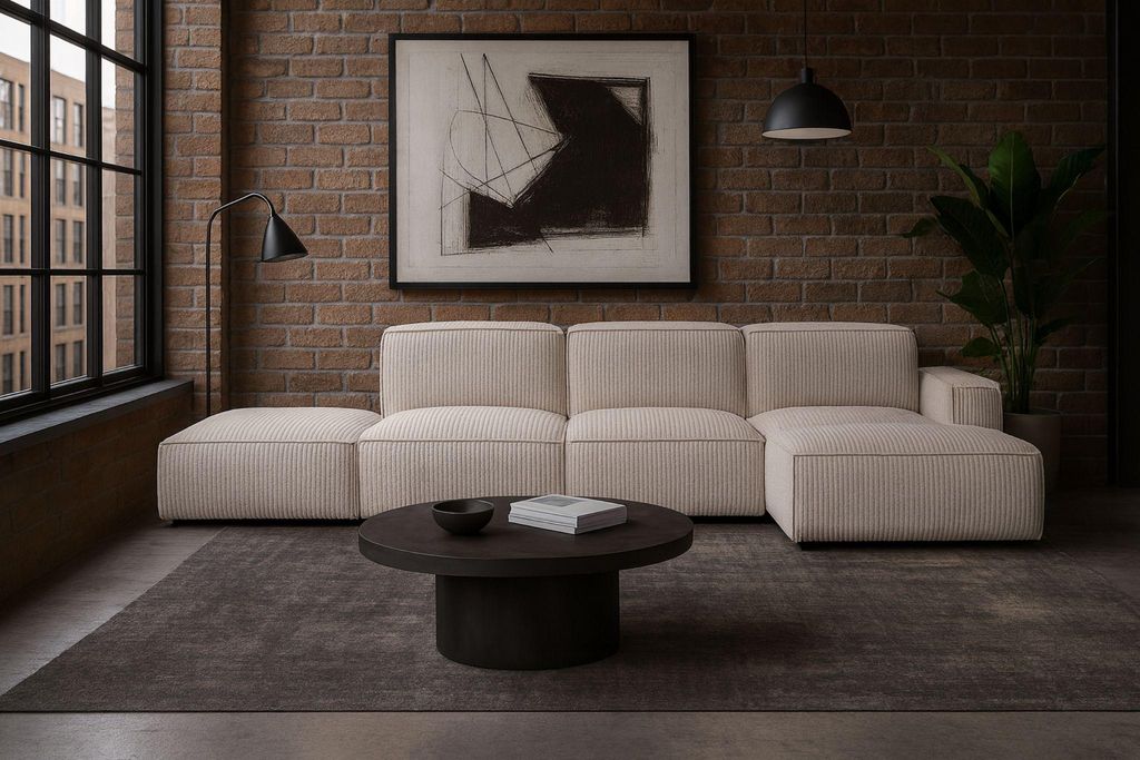 Kaiser Möbel Ecksofa Cursal L-Form, Stoff Poso, Beige + Hocker, Rechts