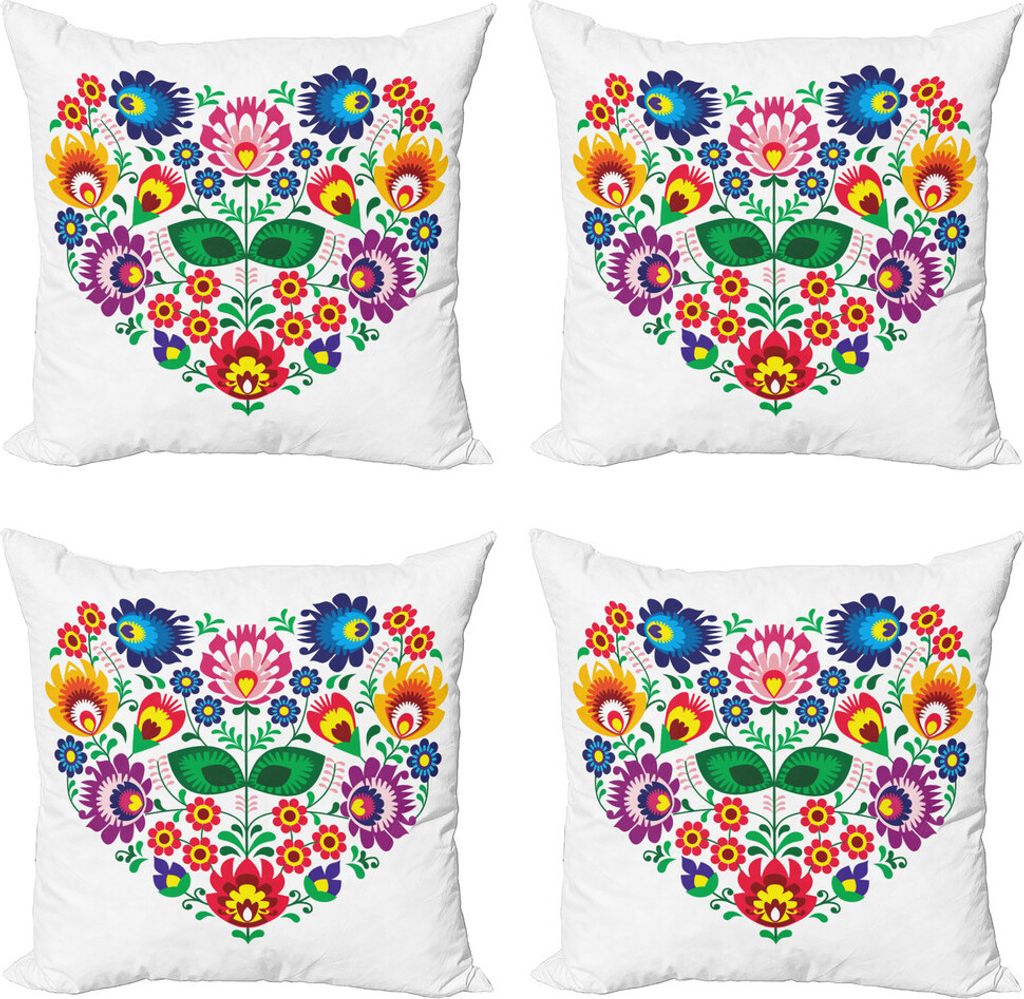 ABAKUHAUS Polnische Volkskunst Kissenbezug Set (4 Stück), Slav-Blumen-Herz, Moderner Doppelseitiger Digitaldruck, 60 cm x 60 cm, Mehrfarbig