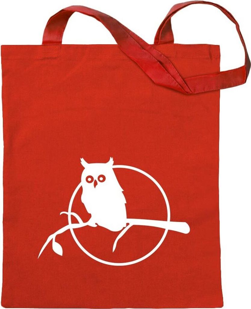 Kiwistar - Baumwolltasche - rot - Eule auf einem Ast - Owl branch - Tragetasche Stoffbeutel Umhängetasche langer Henkel