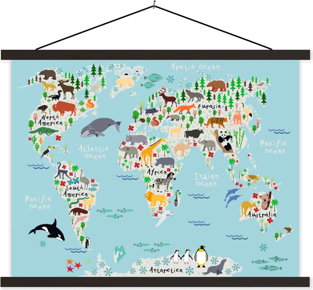MuchoWow Textilposter Welt - Karte - Kinder - Tiere - Blau - Jungen 60x45 cm mit schwarzem Rahmen - Poster Schlafzimmer