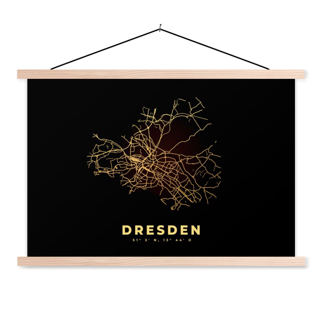 MuchoWow Textilposter Dresden - Gold - Stadtplan - Karte 120x80 cm mit holzfarbenen Rahmen - Aufhängeset