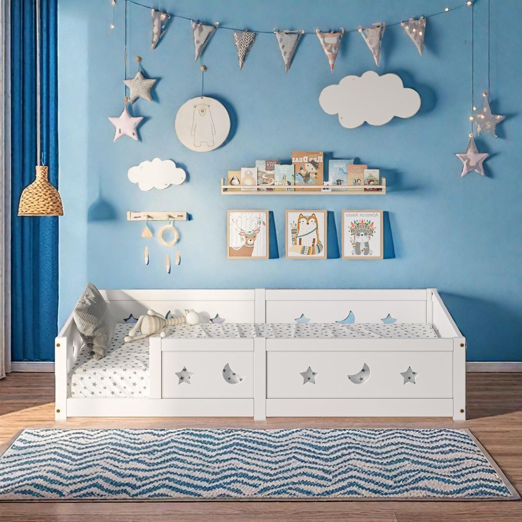 ProximaX Kinderbett 90x200 cm mit Gitter – Montessori Bodenbett, Rausfallschutz, Stern & Mond Design, Weiß, Kinderbettgestell