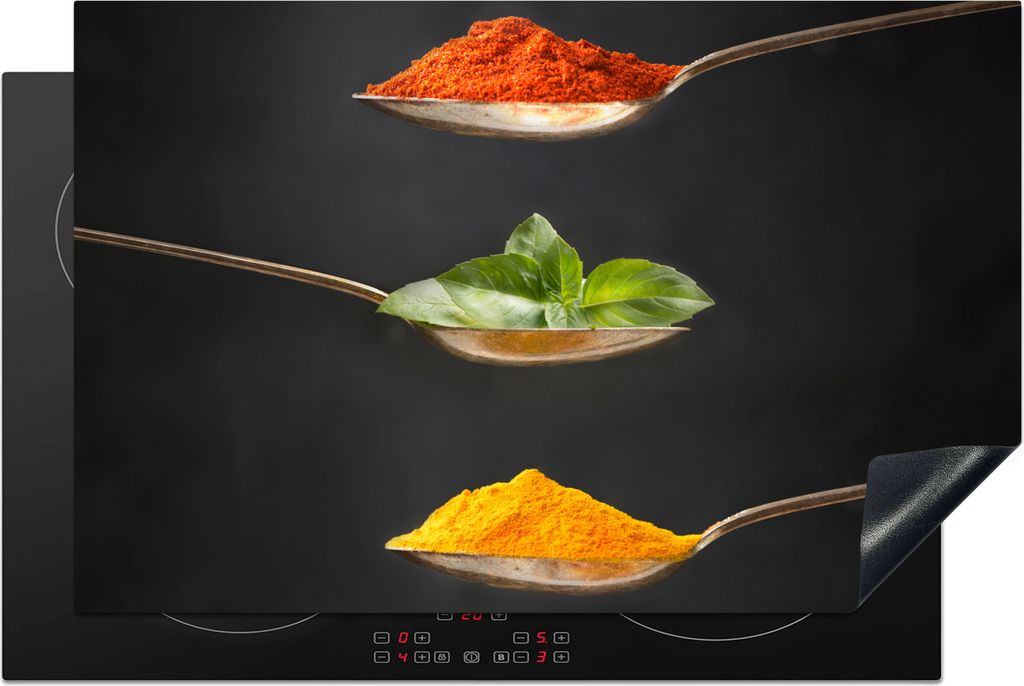KitchenYeah Herdabdeckplatte Kräuter - Löffel - Gewürze - Schwarz - Italienisch , 81x52cm, Küche Deko, Glaskeramikkochfeld Herdabdeckung, Abd...