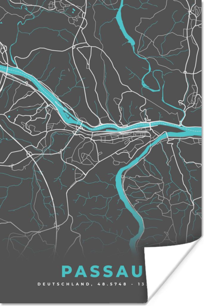 MuchoWow Poster Stadtplan - Passau - Deutschland - Karte 60x90 cm - Wanddekoration
