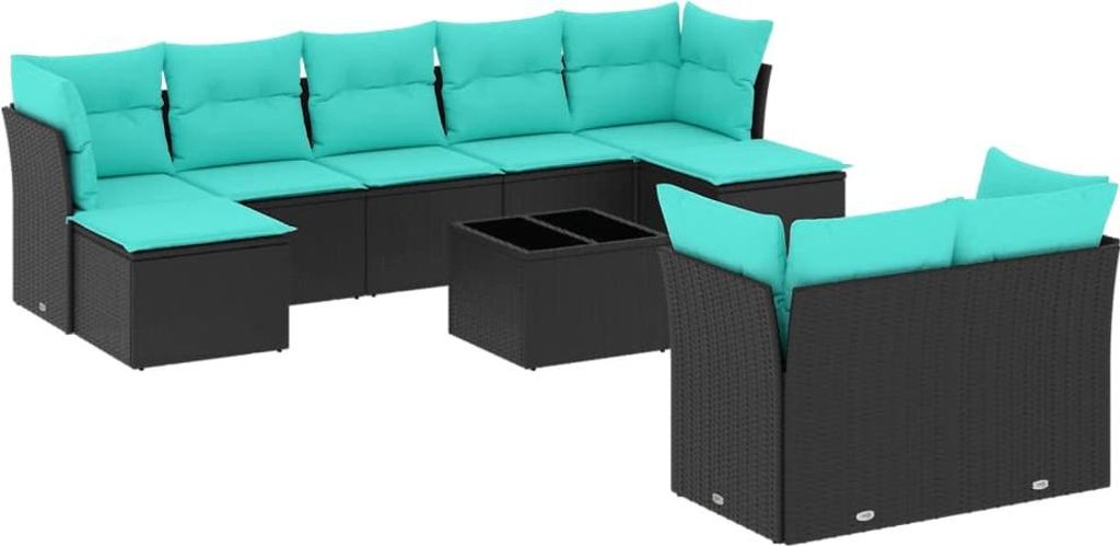 vidaXL 10-teiliges Gartensofa-Set mit Kissen, schwarzes Polyrattan