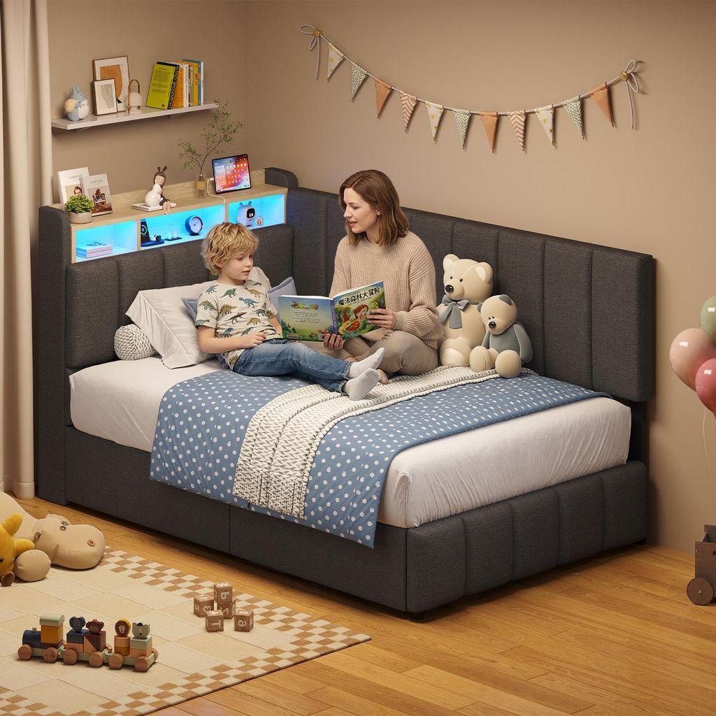 KIMENICH Jugendbett mit LED Beleuchtung, Polsterbett mit Ladestation, Bettgestell mit Bettkasten für Schlafzimmer, Gästezimmer, 90 x 190cm, Grau