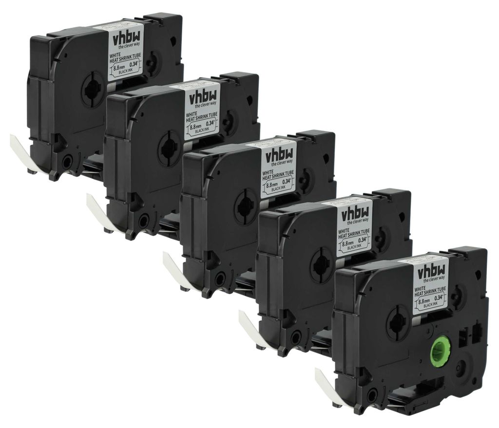 vhbw 5x Schriftband-Kassette kompatibel mit Brother P-Touch PT-H500, H300LI Etiketten-Drucker Schwarz auf Weiß, Schrumpfschlauch-Kassette, 8,8 mm