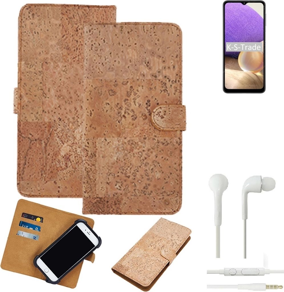 K-S-Trade Hülle kompatibel mit Samsung Galaxy A32 5G + in ear Kopfhörer Kork Handyhülle Cover Schutzhülle TPU Case Bumper in Hellbraun, (1x)