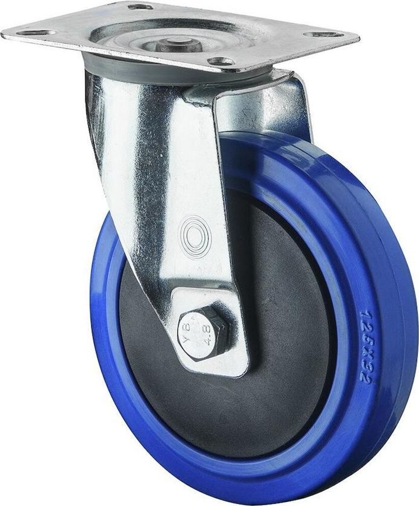 Transportgeräte-Lenkrolle, Elastik-Vollgummi blau, Durchm. 125 mm, Traglast 175 kg, Kugellager, Anschraubplatte, Fadenschutz