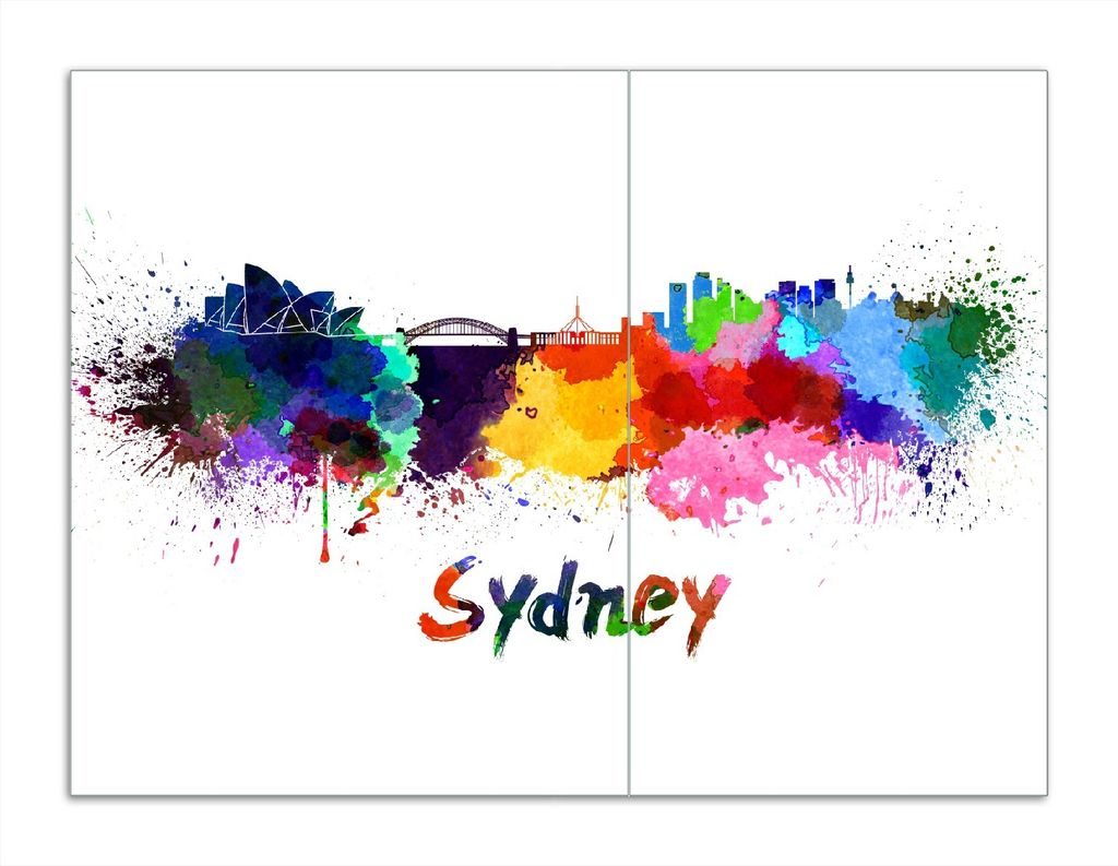 Wallario Herdabdeckplatte aus Glas, Größe 70 x 52 cm 2-teilig, Motiv Städte als Aquarell - Skyline von Sydney
