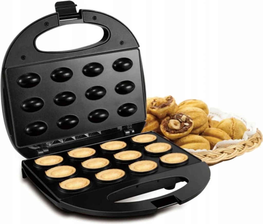 A black waffle maker with a basket of baked goods next to it.