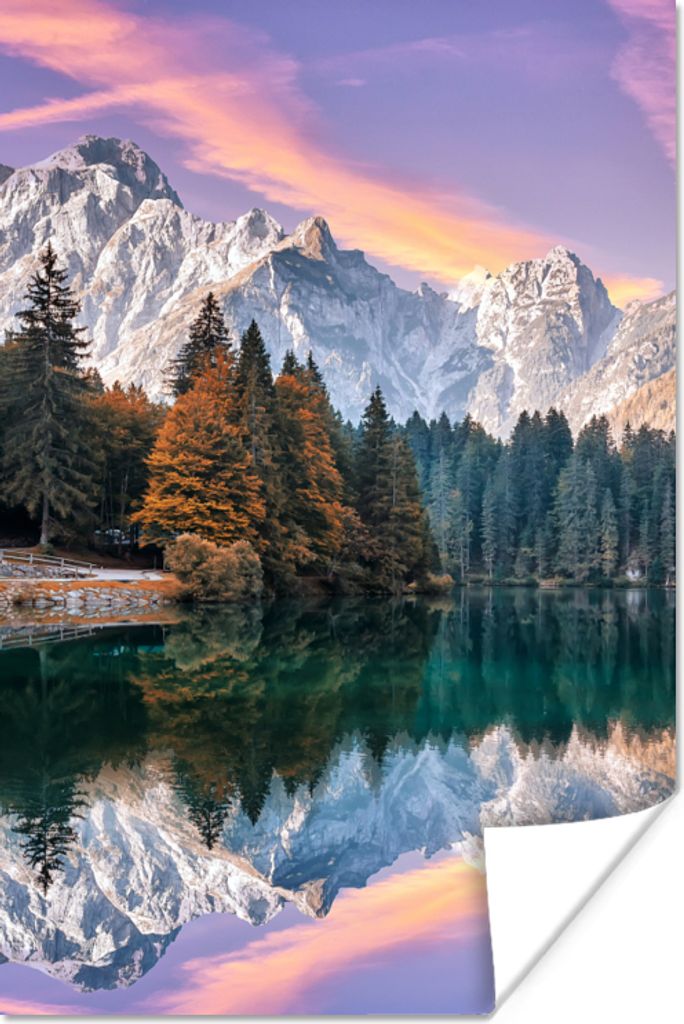 MuchoWow Poster Berg - Wald - Wasser - Himmel - Rosa - Lila 80x120 cm - Papierdruck