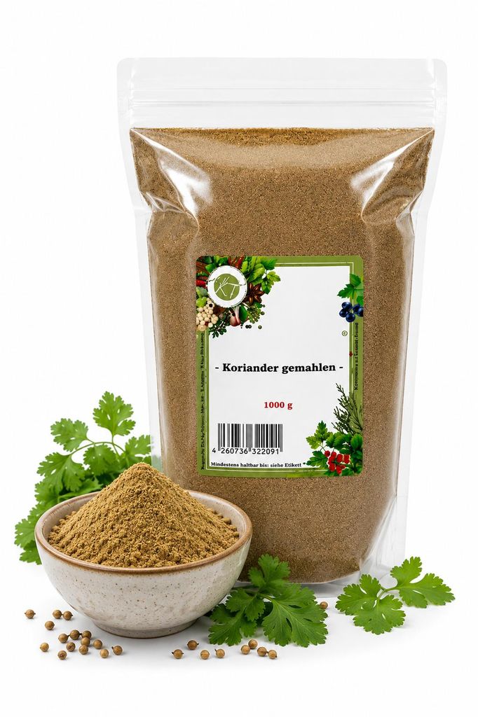 K T 1000 g / 1 Kg Koriander gemahlen Korianderpulver Produktbild  KI-generiertes Bild