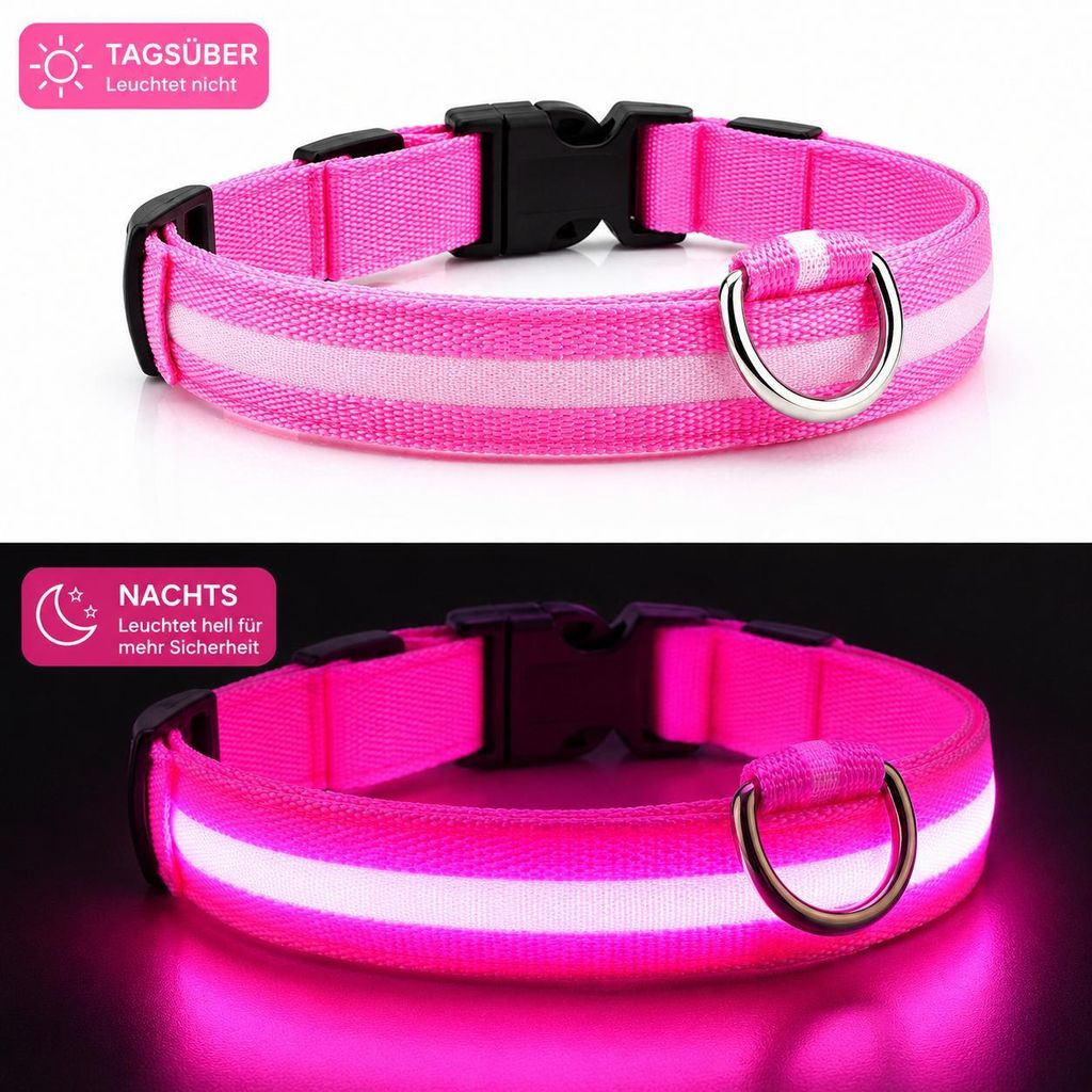 LED Hundehalsband USB aufladbar reflektierend Leuchthalsband verstellbar S–XL für Hunde Nacht Sicherheit inkl. Ladekabel XL (42cm - 56cm) - PINK