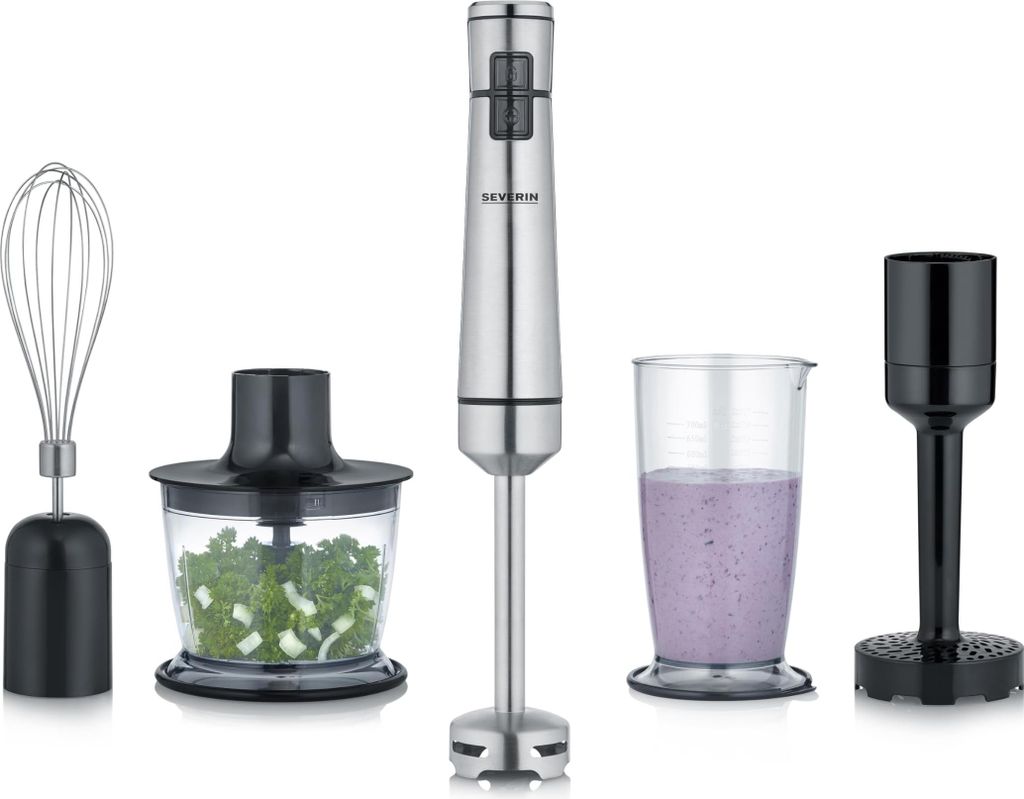 SEVERIN Kabelloser Stabmixer mit Premium-Set SM 3775 aus Edelstahl, gebürstetschwarzsilber Stabmixer Rührstab Mixbecher Zerkleinerer