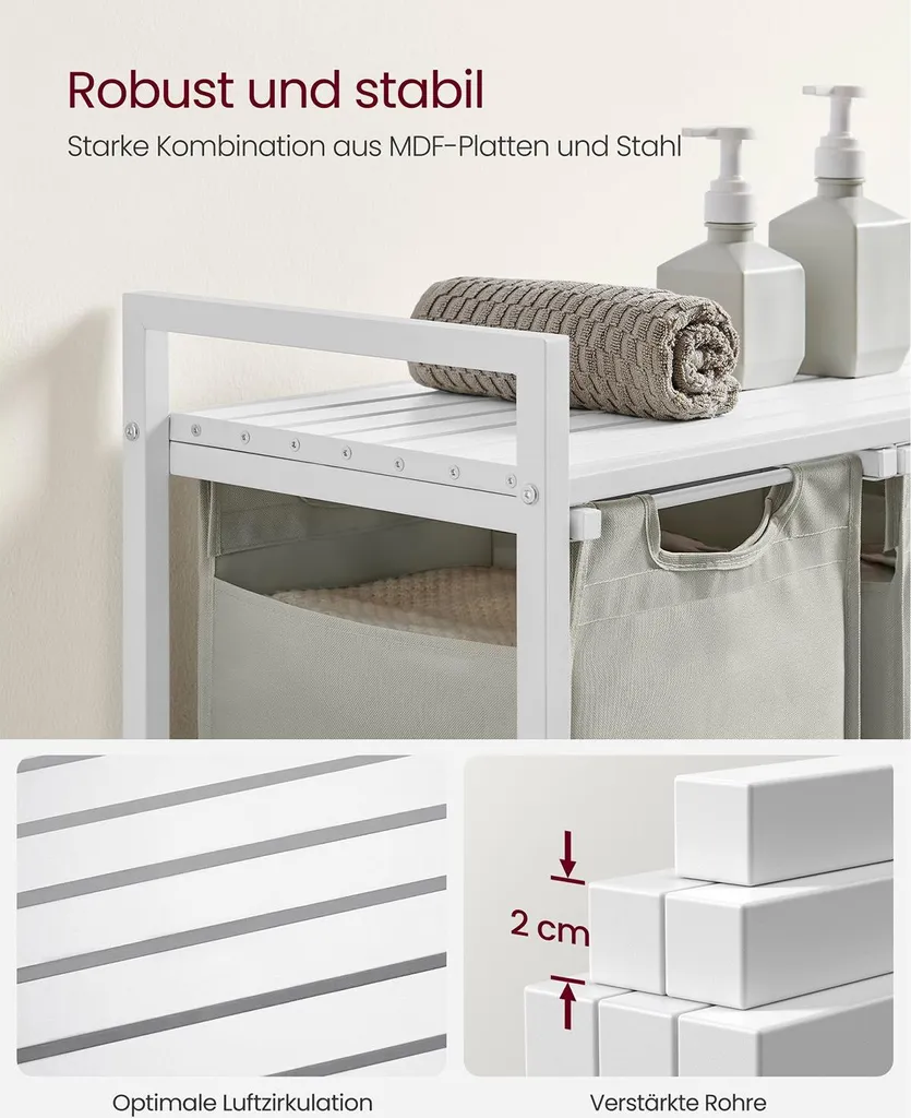 Meuble de buanderie avec panier à linge 3 compartiments et plateau blanc