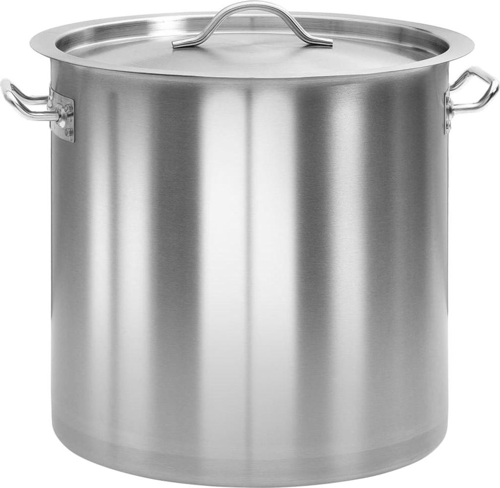 A stainless steel cooking pot with a lid.