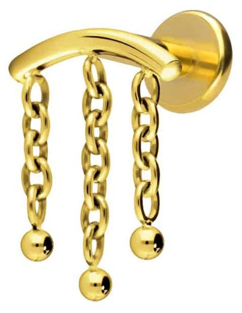 Ohrpiercing, Nasenpiercing Titan Labret mit Innengewinde BOGEN + 3 KETTEN Gold Stablänge: 7mm | Stabstärke: 1,6mm