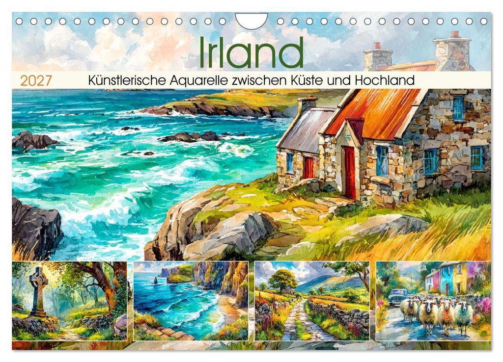Irland. Künstlerische Aquarelle zwischen Küste und Hochland (Wandkalender 2027 DIN A4 quer), CALVENDO Monatskalender