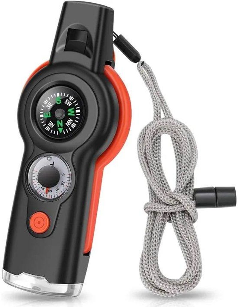 Multifunktionales Überlebensflöten 7-in-1 für Outdoor-Aktivitäten mit Kordel, Kompass und Taschenlampe, ideal für Camping und Wandern.