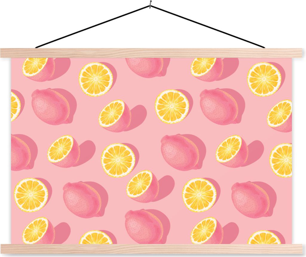 MuchoWow Textilposter Sommer - Zitrone - Rosa - Gelb 120x80 cm mit holzfarbenen Rahmen - Aufhängeset