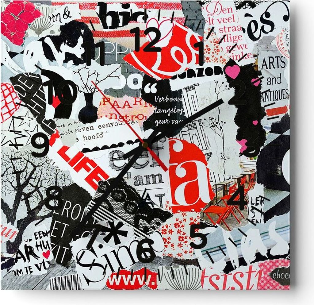 Wanduhr - Quadrat - Glasuhr - Worte Muster Herzen Magazin - 40x40cm - Schleichendes Uhrwerk - Lautlos - zum Aufhängen bereit - Dekoration Modern -...