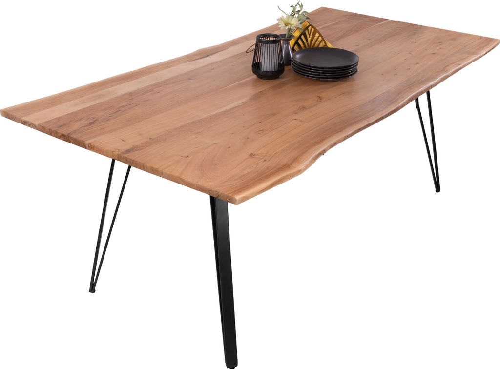 Esstisch Baumkante 220 x 100 cm Akazie massiv naturfarben Metallgestell Schwarz CELIA