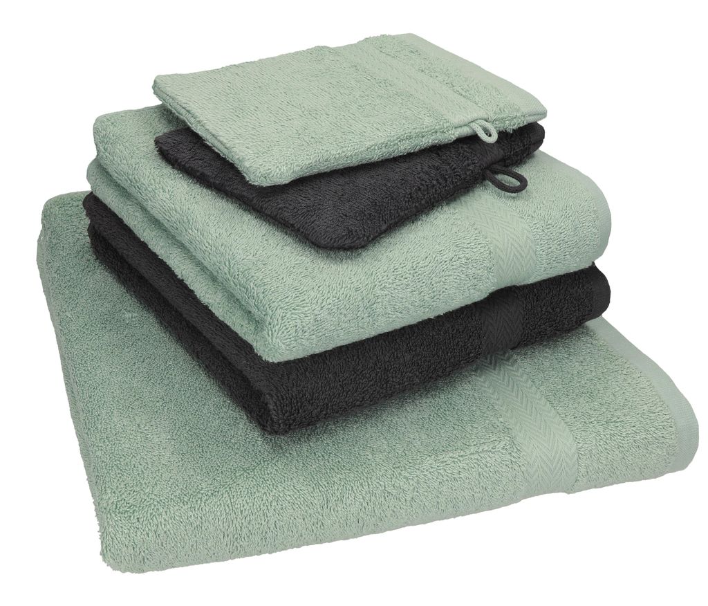 Betz 5 tlg. Handtuch Set SINGLE Pack Farbe - heugrün - graphit grau 100% Baumwolle 1 Duschtuch 2 Handtücher 2 Waschhandschuhe 250802