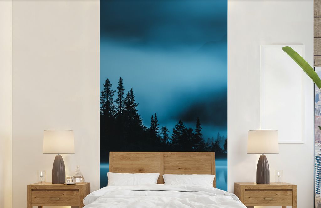 MuchoWow Fototapete für Wohnzimmer oder Schlafzimmer Wandtapete Vinyl Motivtapete Wald - Nebel - Wasser - 120x240 cm - Hintergrundbild