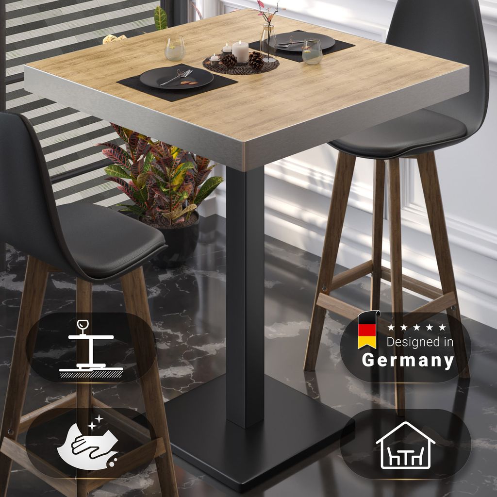 BM | Bistro Stehtisch | 60 x 60 x 110 cm | Quadratisch | Edelstahl Rand | Eiche / Schwarz | Gastro Steh Tisch Restaurant