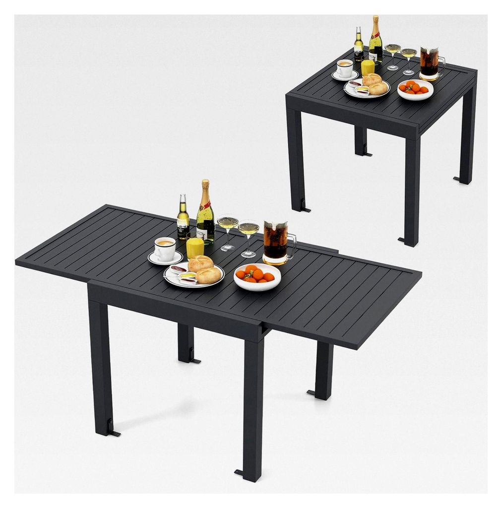 Ausziehbarer Gartentisch aus Aluminium, 80/160x80cm, wetterfester Esstisch, rechteckiger Terrassentisch mit Lattenrost-Tischplatte für 4-6 Personen