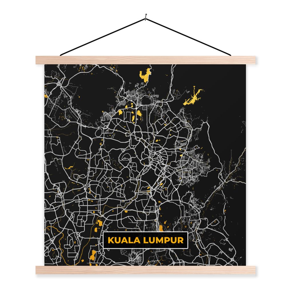 MuchoWow Textilposter Kuala Lumpur - Stadtplan - Gold - Karte 120x120 cm mit holzfarbenen Rahmen - Textil-Poster