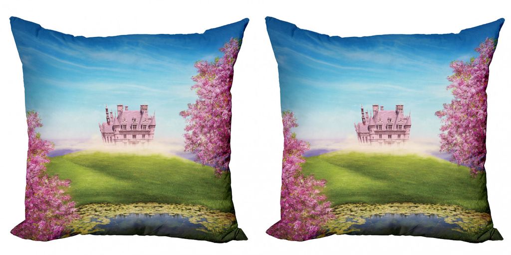 ABAKUHAUS Prinzessin Kissenbezug Set (2Stück), Märchenlandschaft Mit Schloss Heiterer Blüte Und Grönland Natur Romance, 45x45cm, Grün Blau Rosa