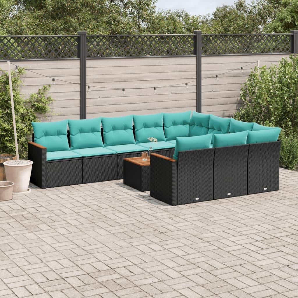 Maison Exclusive - 11-teiliges Gartensofa-Set mit Kissen, schwarzes Polyrattan