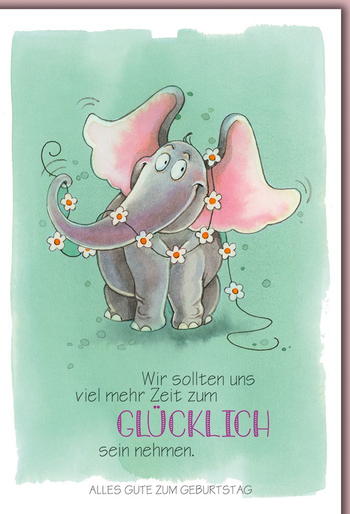 Geburtstag - Karte mit Umschlag - Elefant mit Blumenranke, gezeichnet