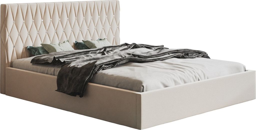 Doppelbett 180x200 cm Crystal - Schlafzimmer Polsterbett mit Lattenrost, Bettkasten - Kopfteil mit Knöpfen, Samt Beige