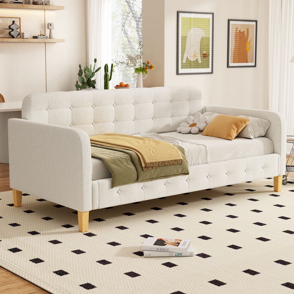 AIORBER Sofabett, 90x200cm, Knopf- und Nageldekoration,hochwertiges Material, robust und langlebig, für Wohnzimmer, Schlafzimmer,Beige (ohne Matra...