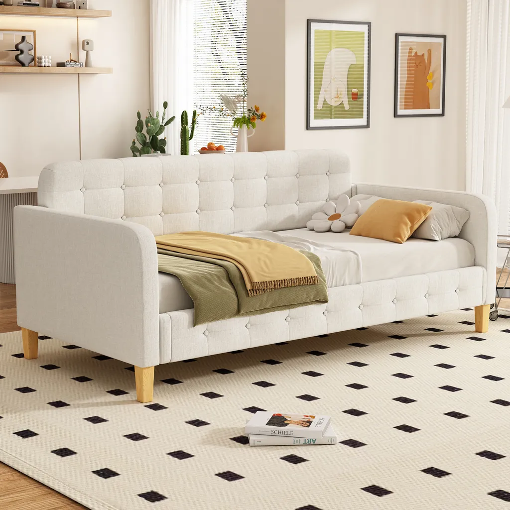 Lit de Jour 90x200 cm en Tissu Beige avec Finition Clous Décoratifs