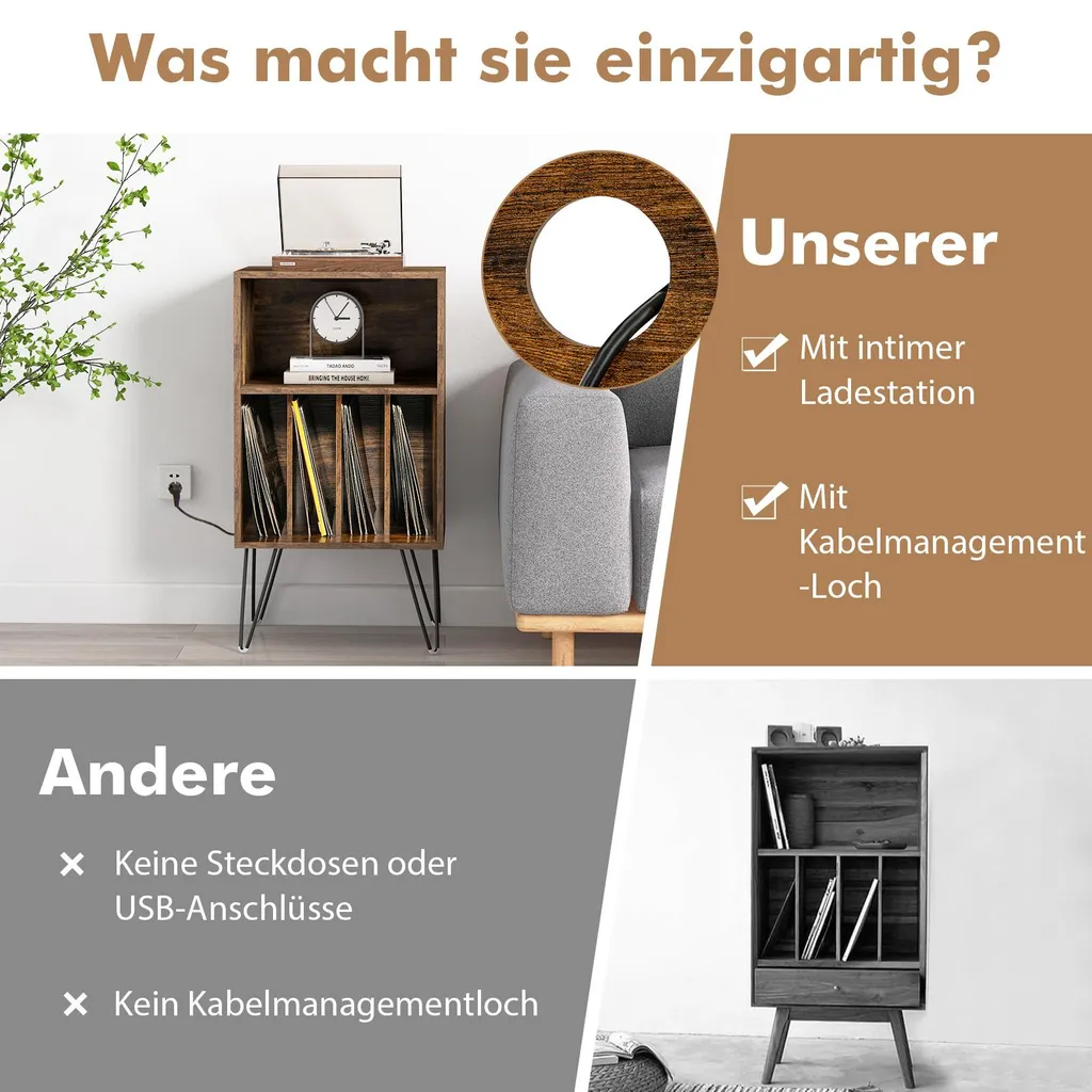 Meuble Vinyle Vintage Marron Rustique avec Étagère et Rangement Disque