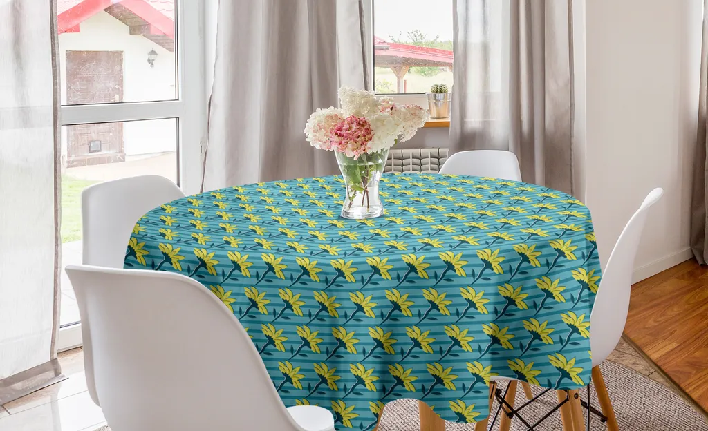 Tovaglia Rotonda 150 cm ABAKUHAUS Motivo Floreale Blu e Giallo
